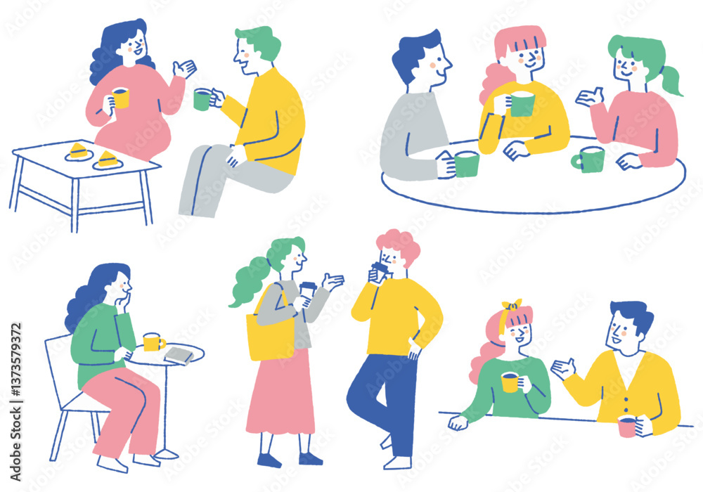 Set of people drinking coffee in a cafe_color Set of people drinking coffee in a cafe_color