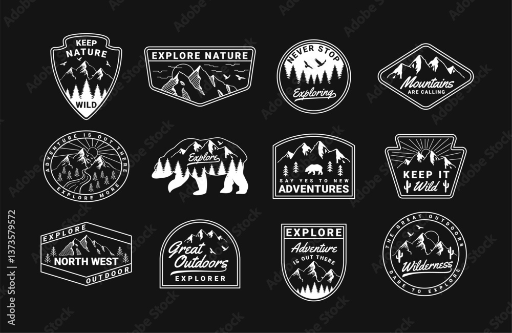 Obraz premium Outdoor Adventure badge vector set with mountain landscapes, pine trees, and motivational outdoor quotes. Perfect for apparel, stickers, branding, and nature-inspired designs.