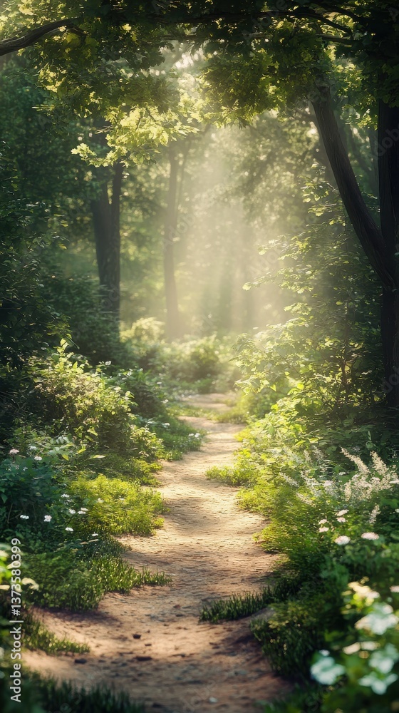 Fototapeta premium Explore the serene narrow hiking trail surrounded by lush green foliage and sunlight filtering through the trees