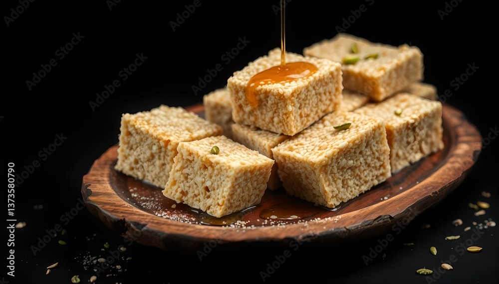 Rahash – Crumbly Sesame Halva with Pistachios on Rustic Wooden Plate – Moody Black Background Rahash – Crumbly Sesame Halva with Pistachios on Rustic Wooden Plate – Moody Black Background