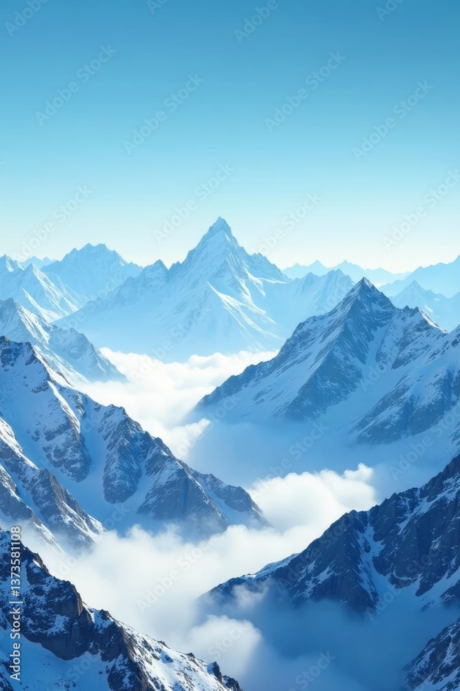 Obraz premium Snow-covered mountains fading into misty blue sky, mist, melt, mountains