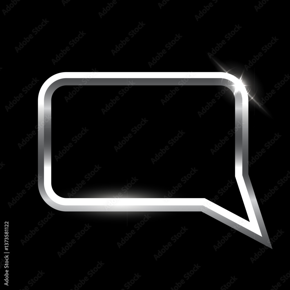 Silver speech bubble frame with shadow on black background. Platinum rectangle square blank space for picture, painting, text, message. 3d tube template vector illustration. Simple object mockup. Silver speech bubble frame with shadow on black background. Platinum rectangle square blank space for picture, painting, text, message. 3d tube template vector illustration. Simple object mockup.