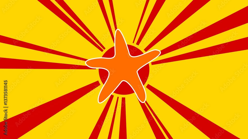 Starfish symbol on the background of animation from moving rays of the sun. Large orange symbol increases slightly. Seamless looped 4k animation on yellow background Starfish symbol on the background of animation from moving rays of the sun. Large orange symbol increases slightly. Seamless looped 4k animation on yellow background