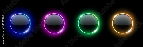 Color neon light round frames with glowing glass surface. Futuristic illuminated buttons. Abstract vector illustrations set for UI design, sci-fi elements, modern tech interfaces.
