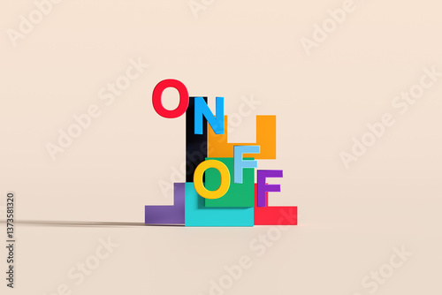 Colorful 3d letters spelling on and off over geometrical shapes