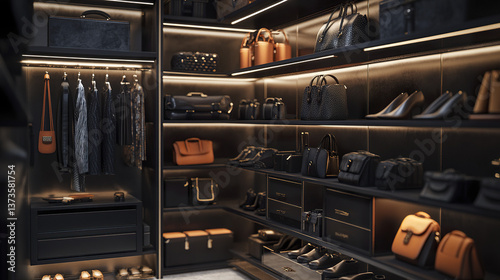 Luxurious walk in closet with handbags and shoes neatly displayed