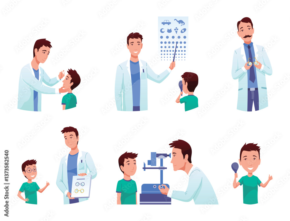 Eyesight diagnostics icon set. Optometrist checking kid eyesight with spectacles medical equipment. Ophthalmologist doctor examining eyesight vision of patient. Ophthalmology clinic