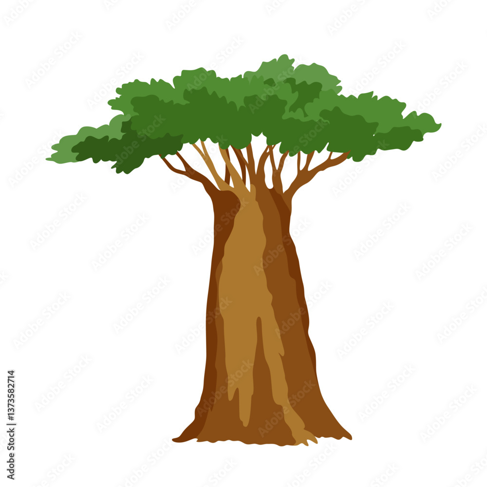 Kind of tree icon, baobab. Deciduous plant. Green crowns and lush foliage with natural brown trunks and branches. Vector cartoon illustration