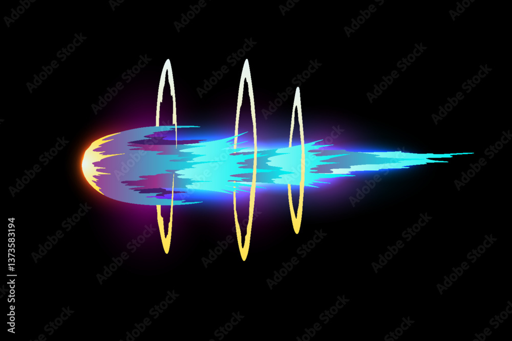 Speed effect cartoon vfx. Comic line blaster shot. Energy fire flame light. Neon color, asteroid flying rock. Flash lightning motion. Fantasy vector element
