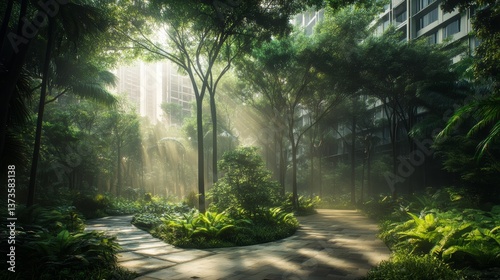 A serene morning scene of a dense Miyawaki forest within a residential project, where closely packed trees and plants form a natural oasis