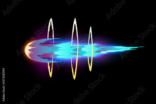 Obraz na płótnie Speed effect cartoon vfx. Comic line blaster shot. Energy fire flame light. Neon color, asteroid flying rock. Flash lightning motion. Fantasy vector element w salonie