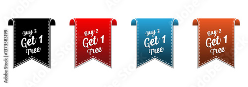 Stitched Border 'Buy 2 Get 1 Free' Promotional Banners in Black, Red, Blue, and Orange
