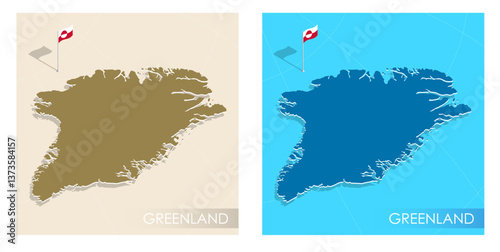 Greenland country flag installed on geographic positioning map point of country territory. Greenlandic commonwealth banner on land and sea. Festive patriotic HD format template for independence day