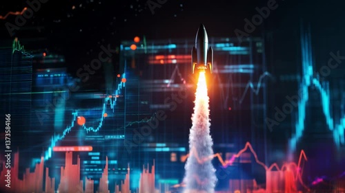 Rocket ascending amidst vibrant financial charts symbolizing market growth and economic advancement