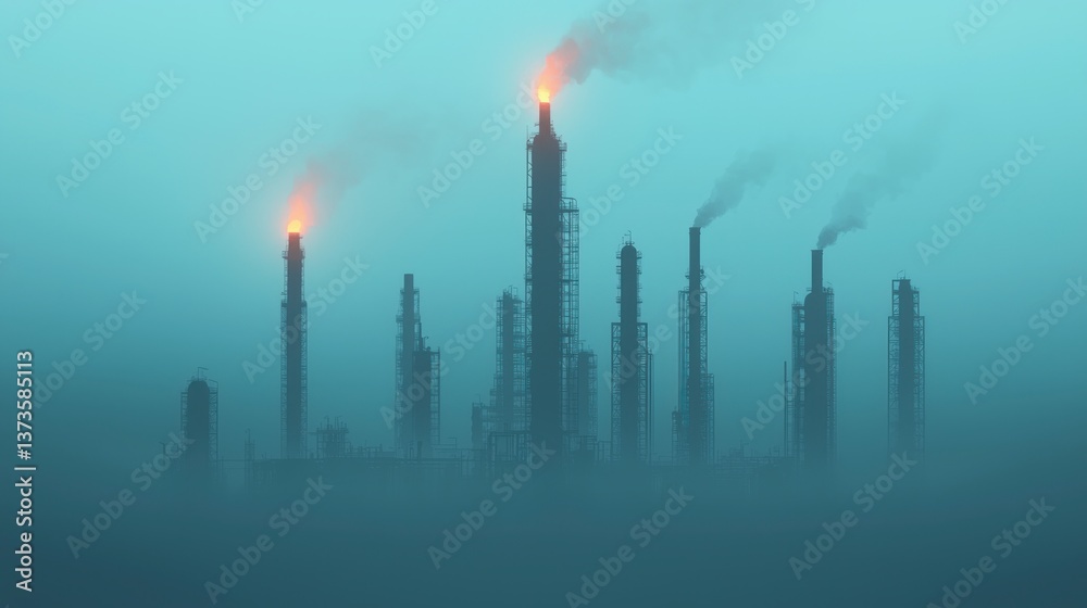 Obraz premium Foggy Petrochemical Plant Silhouette Industrial Landscape Refinery Towers Smoke Stacks