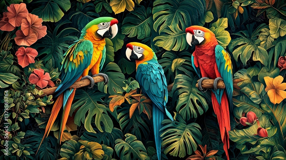 Fototapeta premium Vibrant Illustration of a Tropical Rainforest with Colorful Parrots Generative AI Art