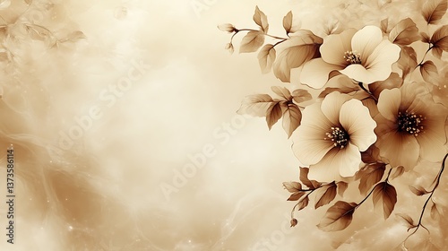 Sepia toned floral design featuring delicate blossoms and leaves
