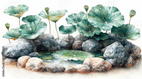 Tranquil Lotus Pond: A Serene Watercolor Painting of Water Lilies and Rocks