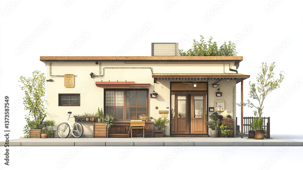 Charming small house with plants and bicycle on white background Charming small house with plants and bicycle on white background