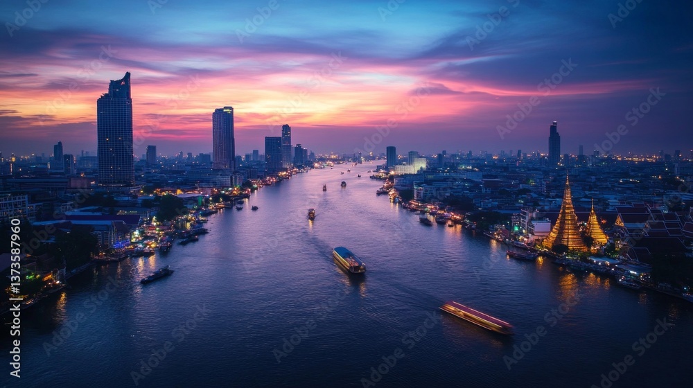 Obraz premium Sunset river cruise bangkok aerial view cityscape vibrant colors relaxing atmosphere