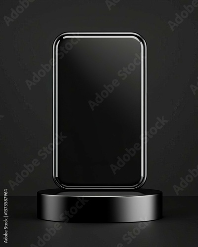 Modern smartphone in elegant design displayed on a stylish black pedestal.