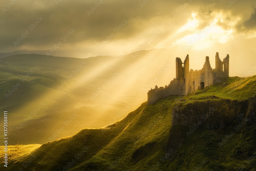 Obraz premium Sunlight illuminates ancient ruins atop a hill during a dramatic sunset