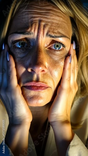 Emotional moment captured with a woman showing distress in a dimly lit room during evening hours