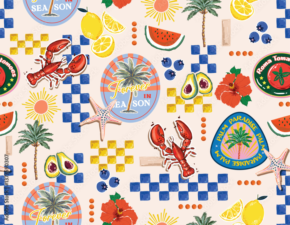Fototapeta premium Trendy seamless Summer Tropical Bliss Vacation Seamless pattern. Summer fruit, badges , Sticker