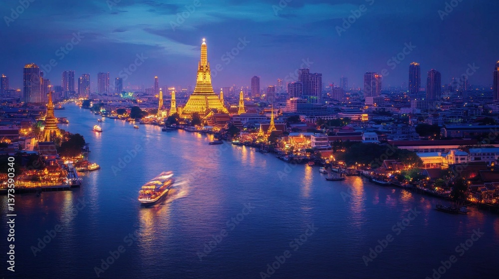 Fototapeta premium River cruise through bangkok's illuminated temples at dusk thailand landscape photography urban environment scenic view
