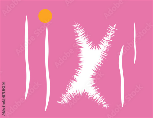 schizzo stilizzato di pseudo figura con braccia alzate su sfondo fucsia con elementi filiformi