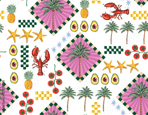 Trendy  seamless Summer Tropical Bliss Vacation Seamless pattern. Summer fruit, badges , Sticker