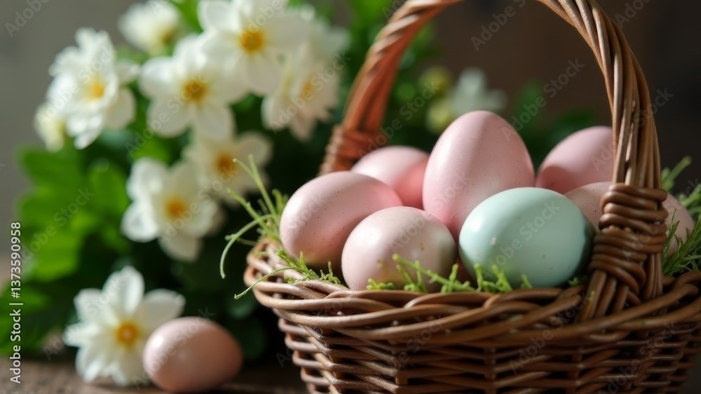 Easter eggs in a basket with white flowers