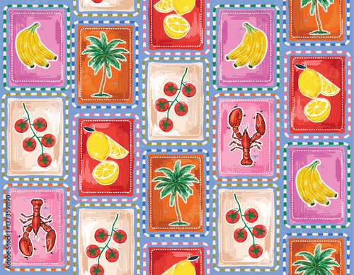 Trendy  seamless Summer Tropical Bliss Vacation Seamless pattern. Summer fruit, badges , Sticker , Lemon , Lobster, Palm trees  ,banana, Tomatoes beach vector Vibrant , Design for fashion , fabric