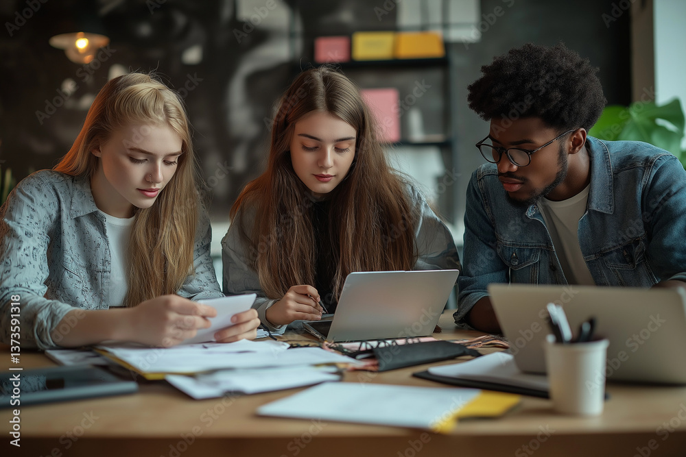 A team of office workers is collaborating on a business project, each member working together to achieve a common goal for the company. A team of office workers is collaborating on a business project, each member working together to achieve a common goal for the company.