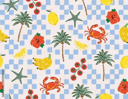 Trendy  seamless Summer Tropical Bliss Vacation Seamless pattern. Summer fruit, badges , Sticker
