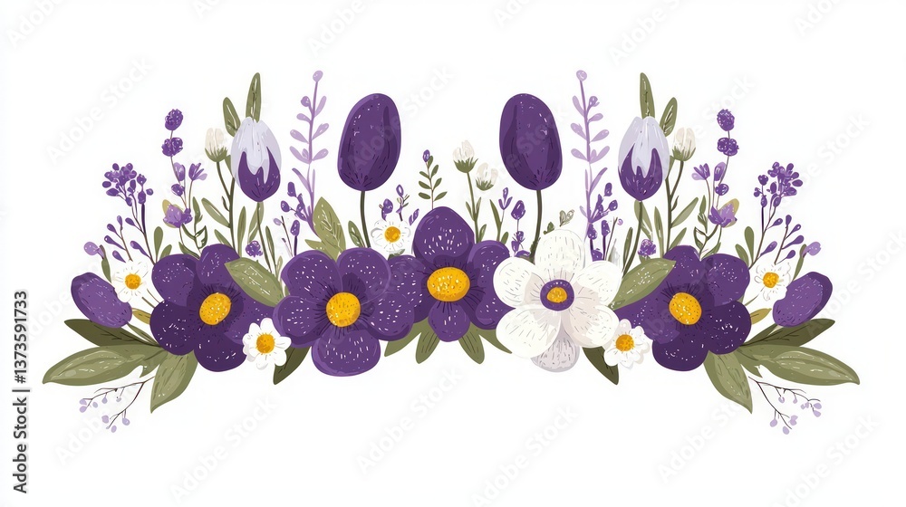 Fototapeta premium Elegant Purple White Floral Bouquet Illustration Spring Flowers Botanical Design Wedd
