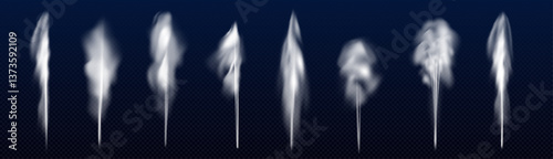 Set of 3d geyser fountains - various white steam jets and sprays isolated on dark background. Realistic water vapor, smoke plumes, misty gas clouds, translucent haze elements for design projects.
