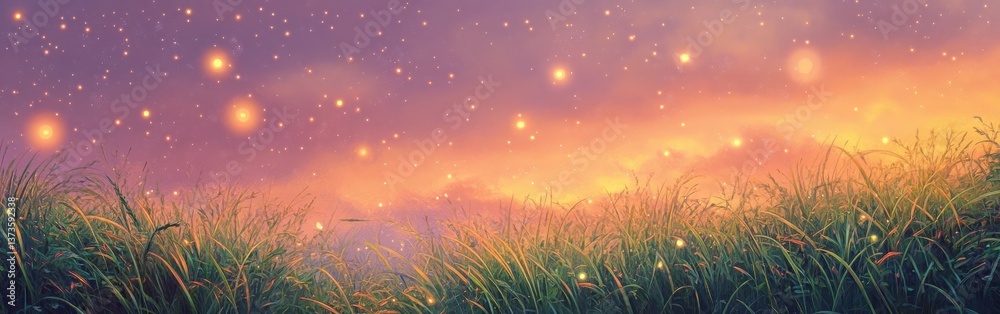 Obraz premium Whimsical twilight with shimmering grass and stars illuminating the serene landscape