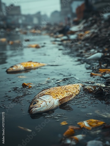 Polluted River, Dead Fish, Urban Scene