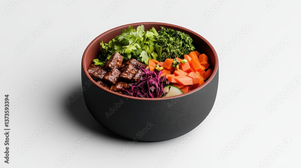 Vibrant Bowl of Cubed Tofu Mixed with Shredded Red Cabbage, Julienned Carrots, Cucumber Slices Topped with Fresh Cilantro and Parsley Garnish Vibrant Bowl of Cubed Tofu Mixed with Shredded Red Cabbage, Julienned Carrots, Cucumber Slices Topped with Fresh Cilantro and Parsley Garnish