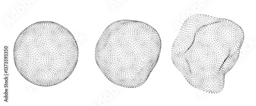 Abstract dot shapes set isolated on white background. Vector realistic illustration of black point sphere, grid ball, uneven circular object, global network, orb structure, futuristic matrix model