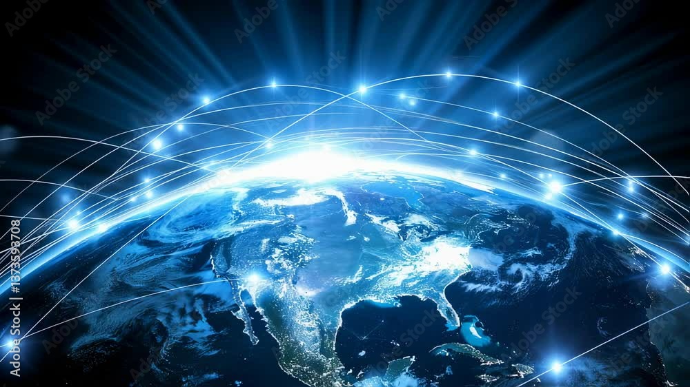 Concept of global network connection and communication system. Blue planet with network connections around world