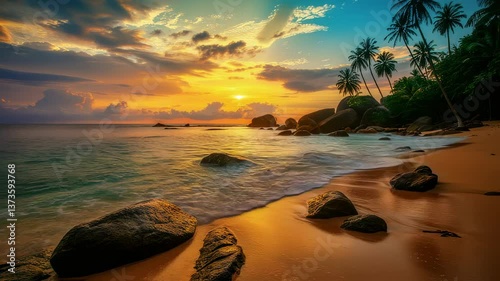 Relaxing view of beautiful tropical beach at sunset. Golden hour, calm ocean waves, palm trees, and rock formations