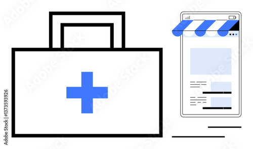 Medical kit with blue cross next to browser window storefront. Ideal for telemedicine, online pharmacy, healthcare, e-commerce, innovation, technology, medical business flat simple metaphor