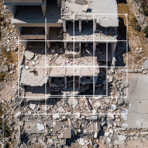 Aerial view of a collapsed building, surrounded by debris and rubble, highlighting the extent of destruction in an urban environment.