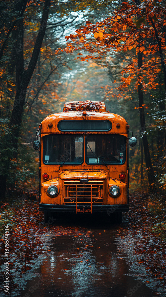 Obraz premium yellow bus in the forest