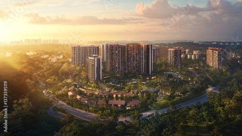 genrate a image of drone shot of new singapore arial view 2024s cenimatic lihts come from cloudes , should be front short and taken from approx 600 meters top from the land, showing luxury in it, mm35