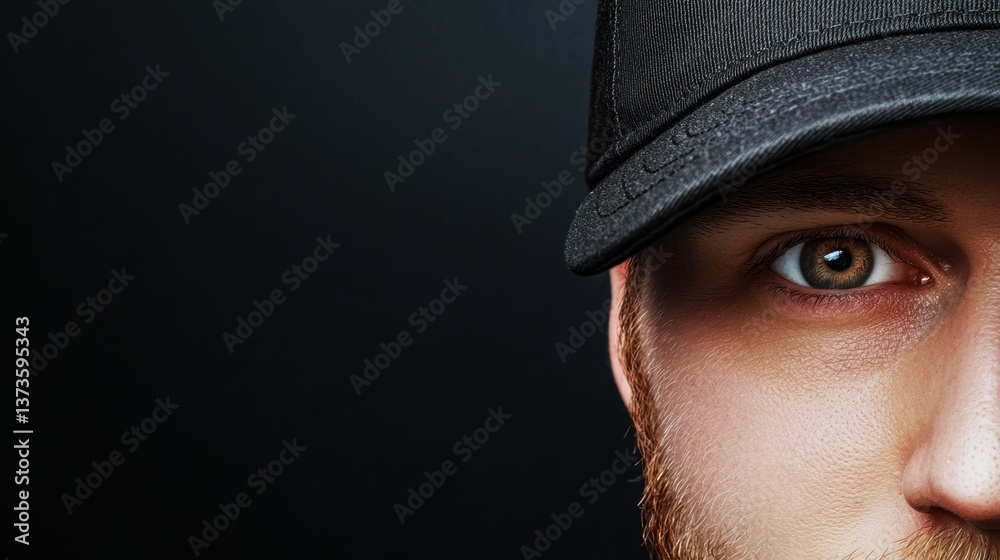 A close-up of a man's face focusing on his eye, wearing a black cap, set against a dark background, highlighting his features and expression. A close-up of a man's face focusing on his eye, wearing a black cap, set against a dark background, highlighting his features and expression.