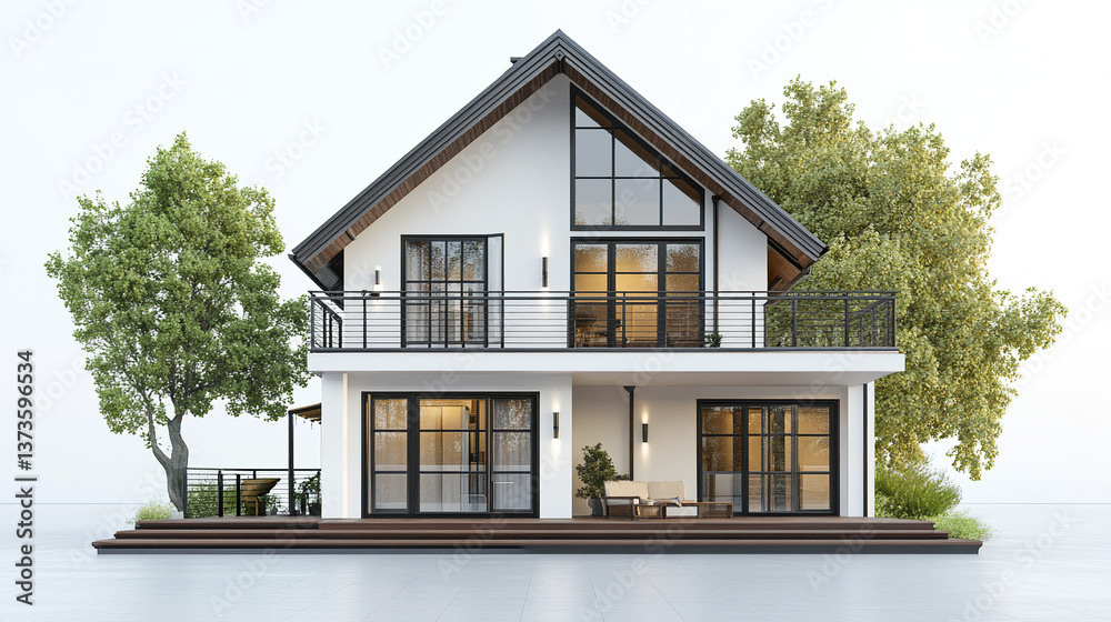 Fototapeta premium Modern loft style house with large windows and trees surrounding