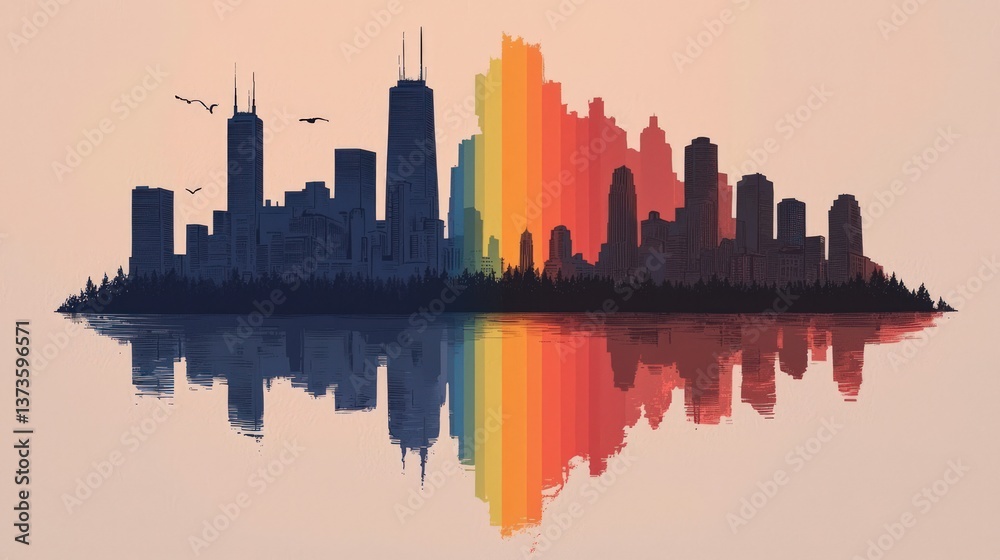 Fototapeta premium Vibrant City Skyline Reflection Pride Diversity Urban Landscape